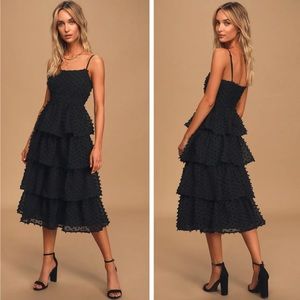 NWOT Lulu’s Flirting with You Black Tiered Pom Pom Midi Dress XLarge